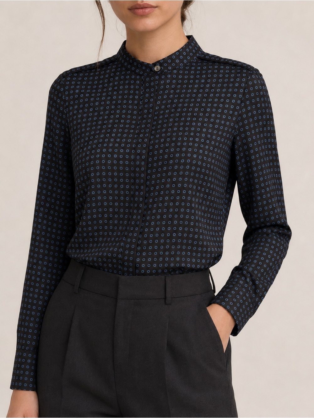 Ann Taylor Black Blouse with Blue Floral Dot Print